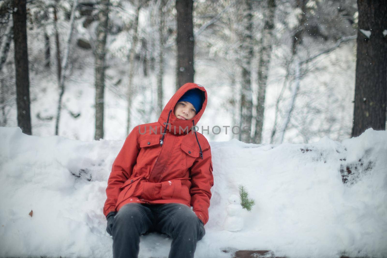 Portrait of teenage boy walking and having fun in winter snowing forest