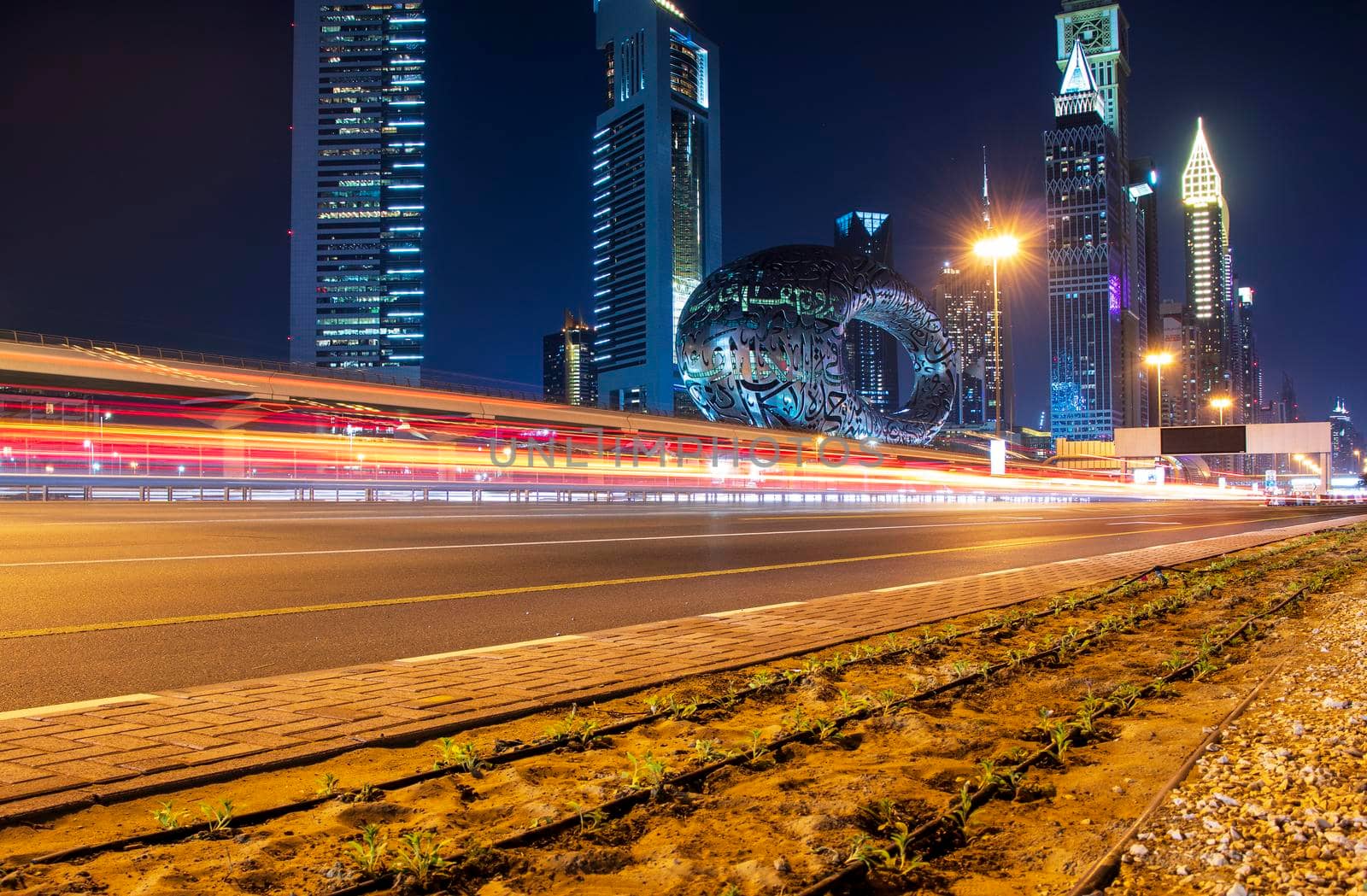 Main road of a United Arab Emirates, Shekh Zayed road. Shot taken in Dubai. Many of famous landmarks can be seen as well as metro station and Museum of future. Outdoors