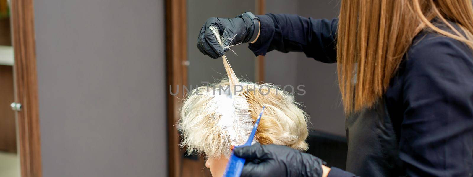 Coloring female hair in the hair salon. Young woman having her hair dyed by beautician at the beauty parlor. by okskukuruza