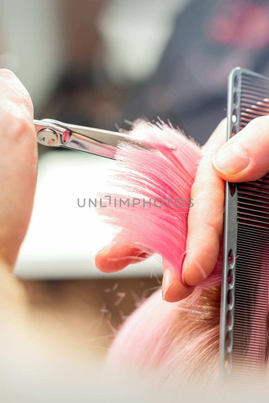 Woman having a new haircut. Male hairstylist cutting pink hair with scissors in a hair salon, close up. by okskukuruza