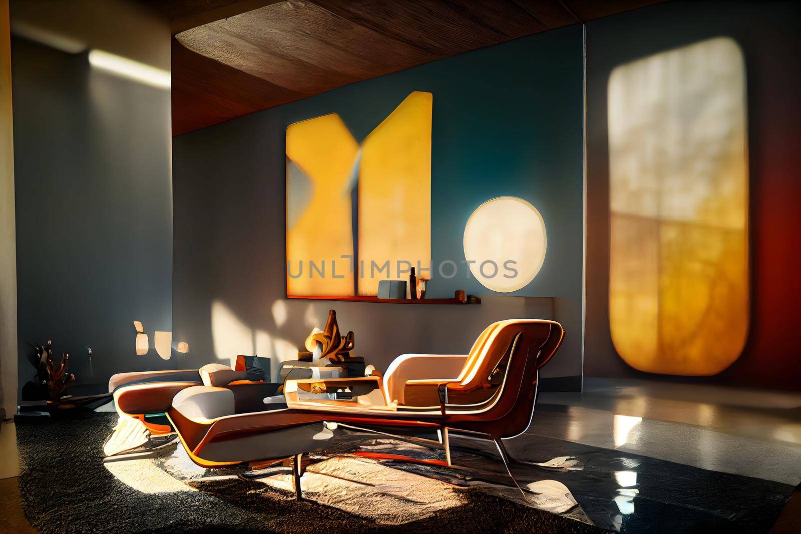 mid century modern style interior, neural network generated art. Digitally generated image. Not based on any actual scene or pattern.