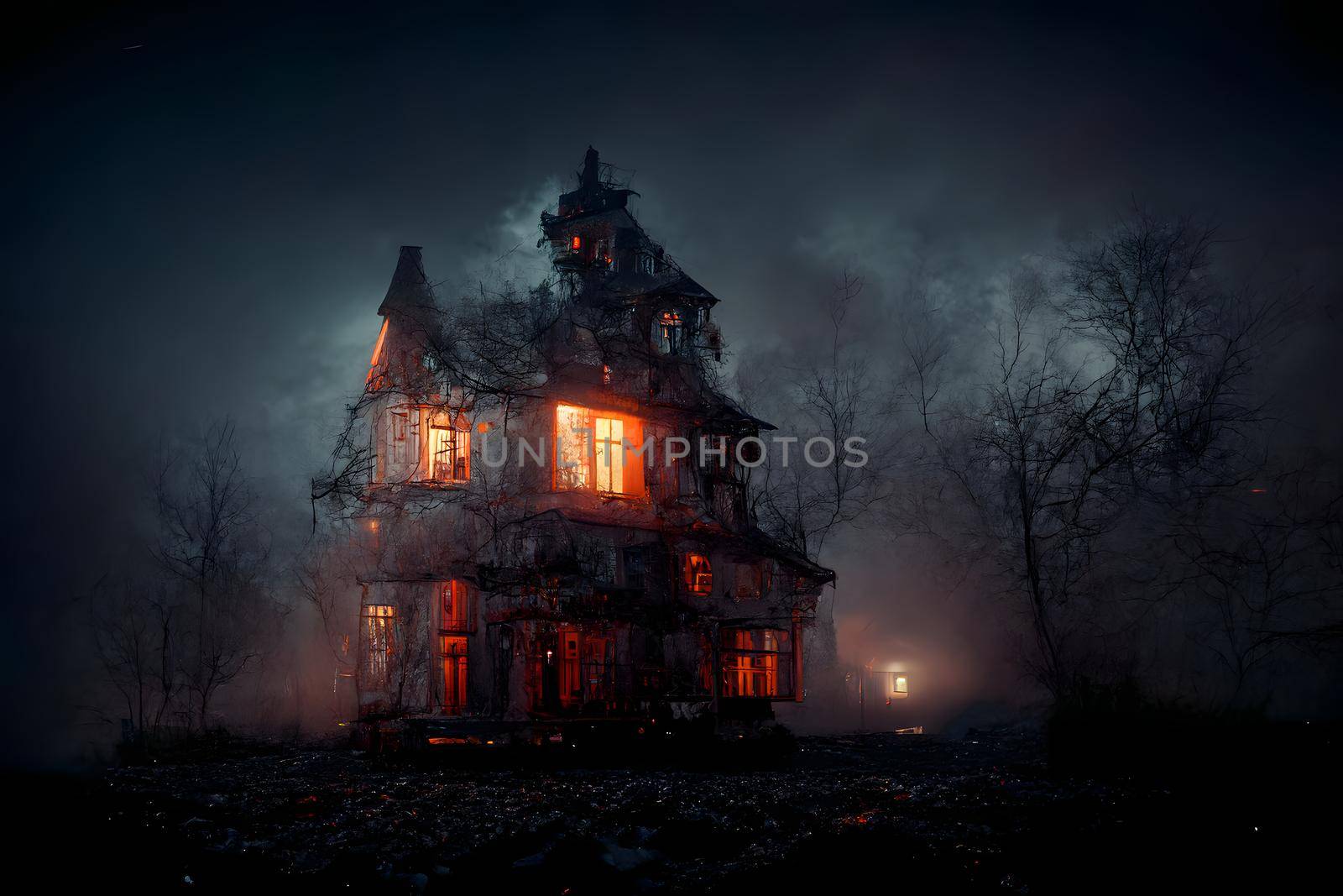 dark haunted house with illuminated windows at spooky misty dark halloween night, neural network generated art. Digitally generated image. Not based on any actual scene or pattern.