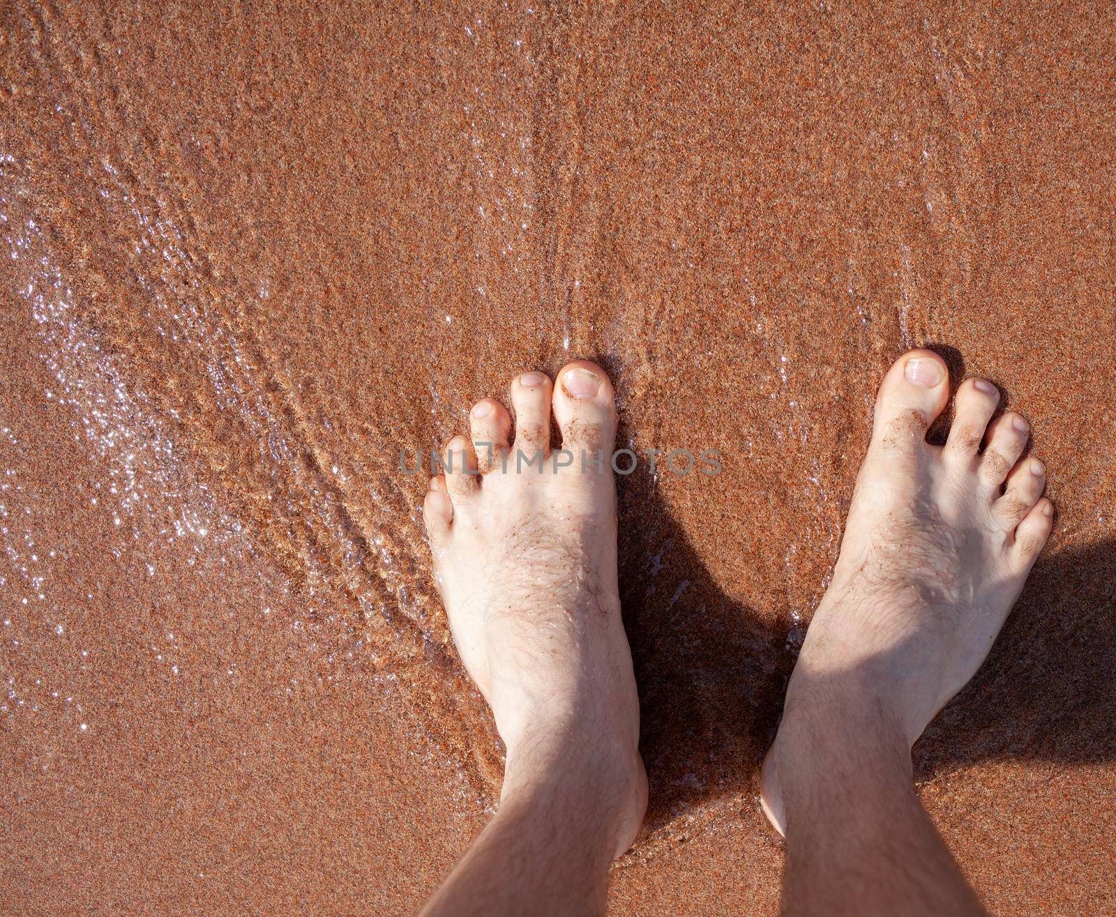 Top view of men's legs in the sea. A man is standing on the sand. by AnatoliiFoto
