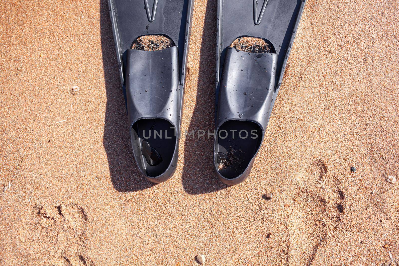 A pair of black flippers on the background of sand next to the water, top view. Swimming equipment - fins on the shore. Summer holidays, fun, exploring the sea world concept. Space for copy.
