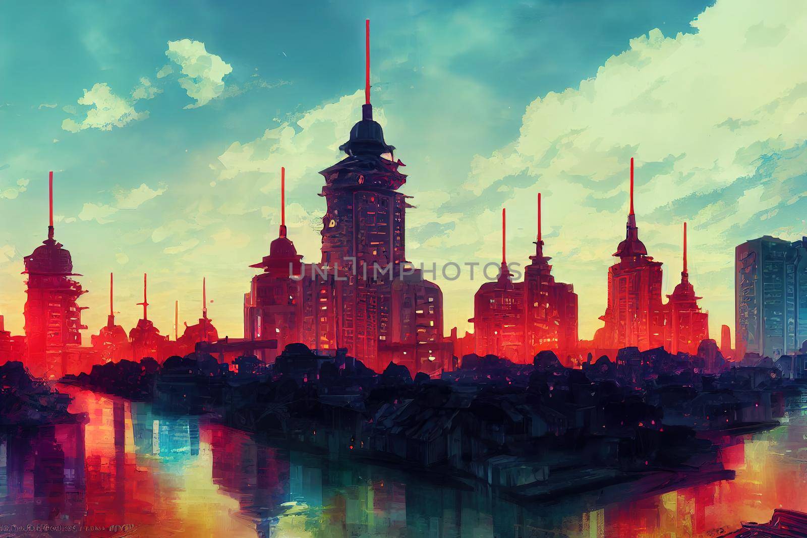 2d stylised painting like illustration of Fort-de-France abstract city by 2ragon