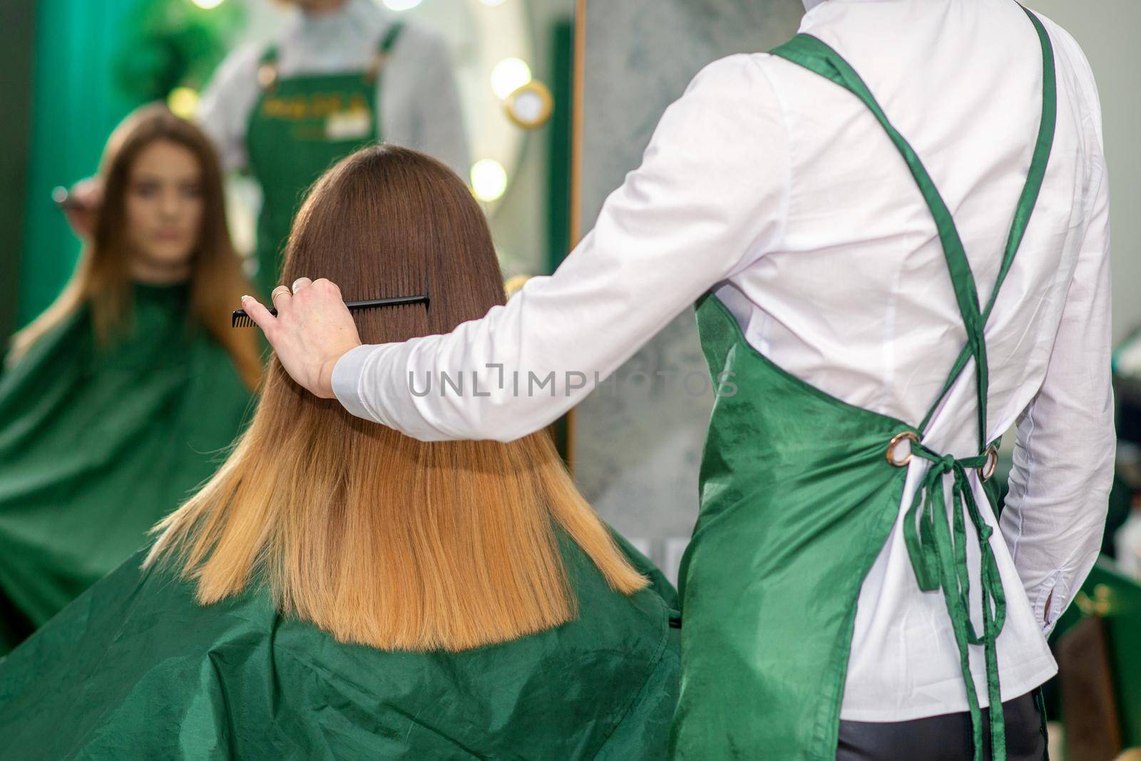 A female hairdresser is combing the long brown hair of a young woman at a parlor