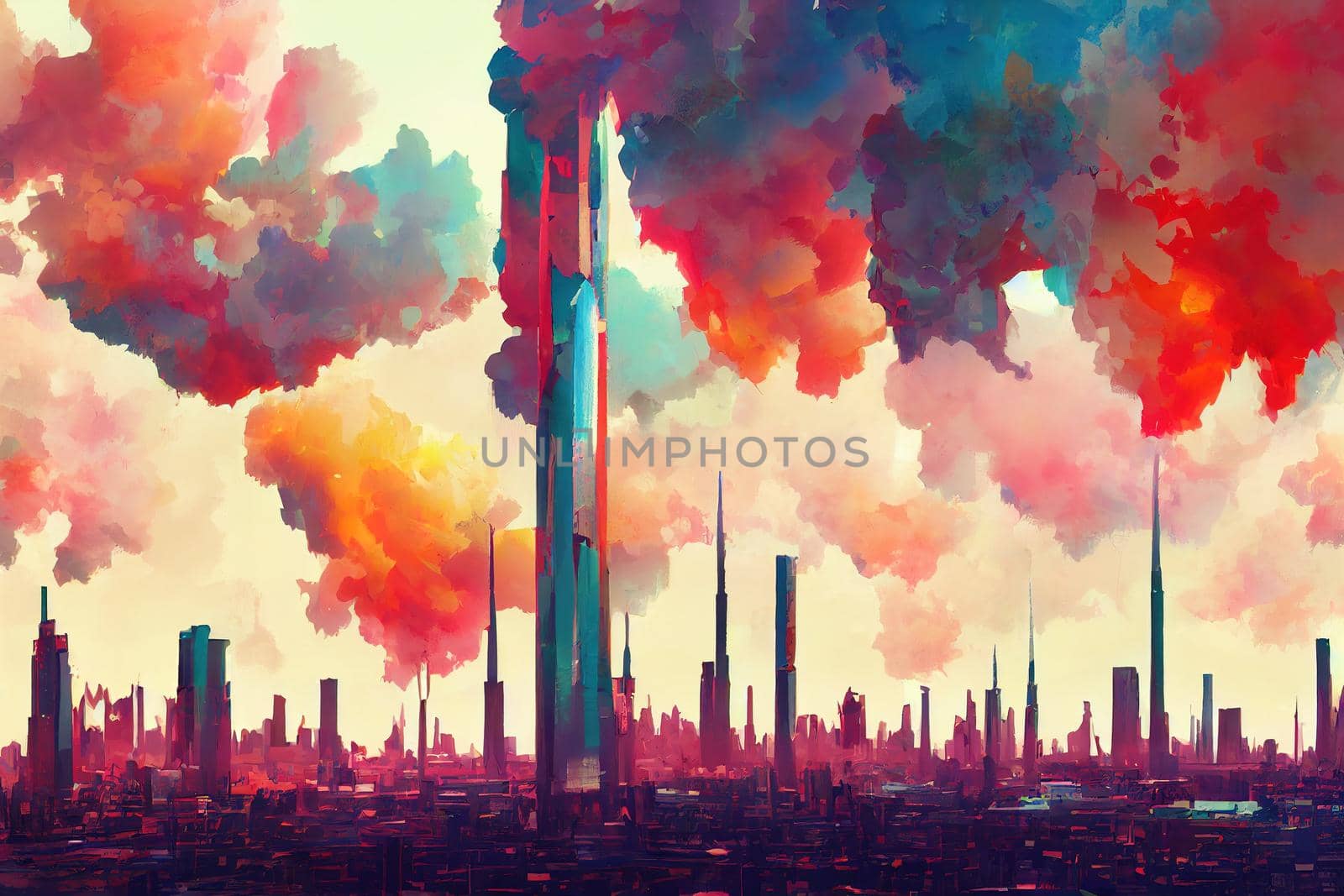 2d stylised painting like illustration of Hong Kong abstract city high quality abstract 2d ilustration.