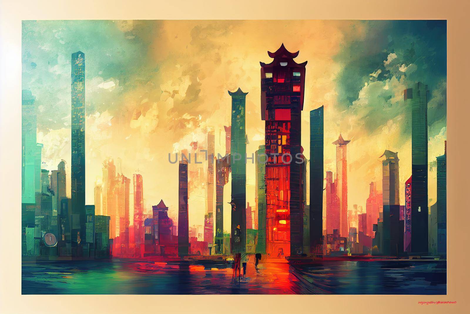 2d stylised painting like illustration of George Town abstract city by 2ragon