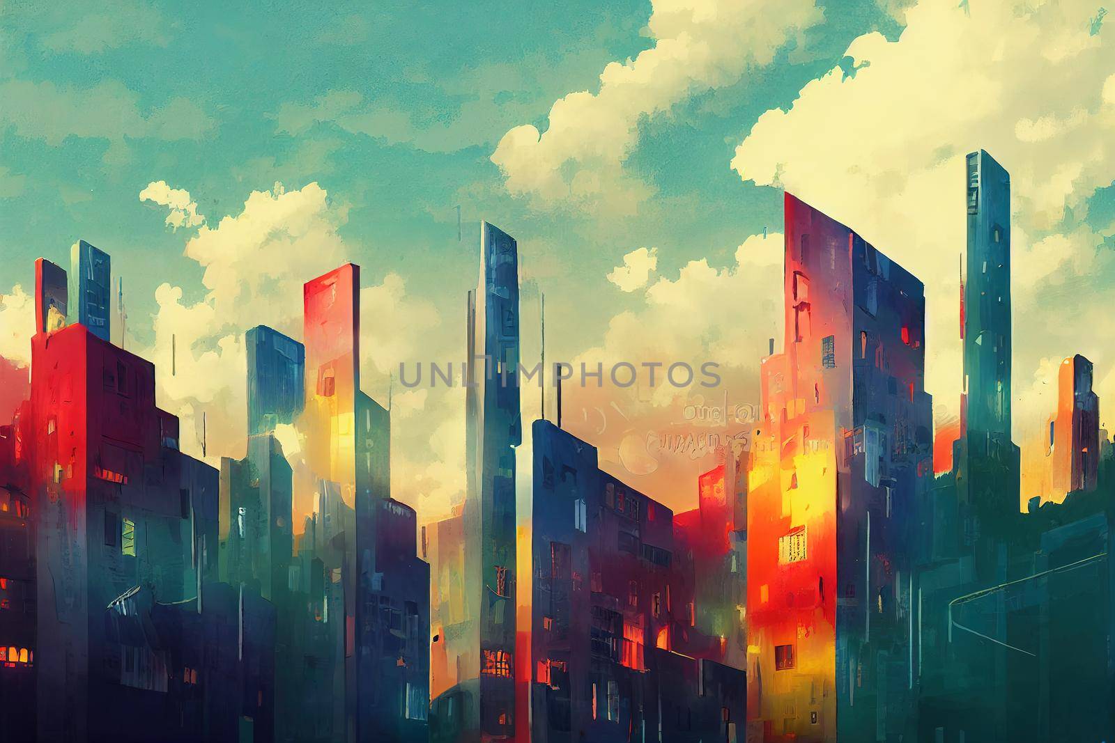 2d stylised painting like illustration of Freetown abstract city high quality abstract 2d ilustration.