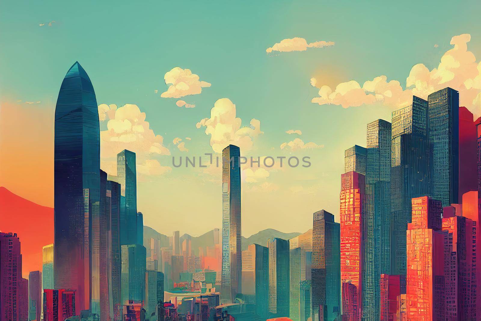 2d stylised painting like illustration of Dili abstract city high quality abstract 2d ilustration.