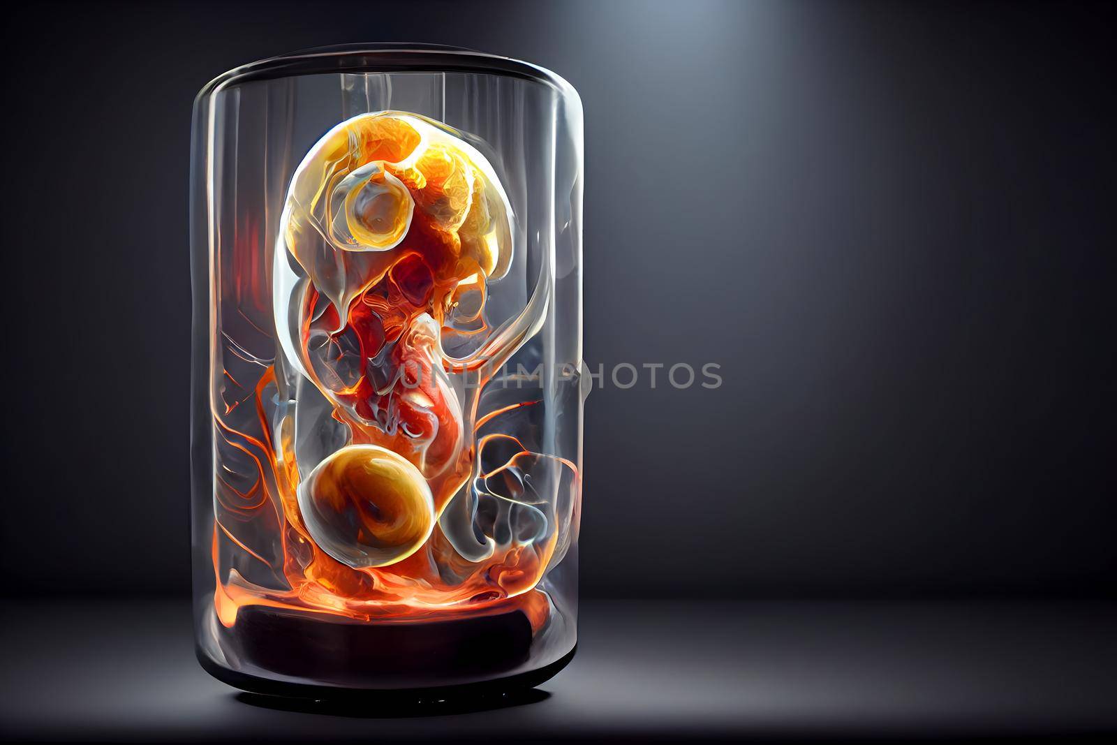 human baby embyo inside incubator breeding tank on gray background, ectogenesis concept, neural network generated art. Digitally generated image. Not based on any actual scene or pattern.