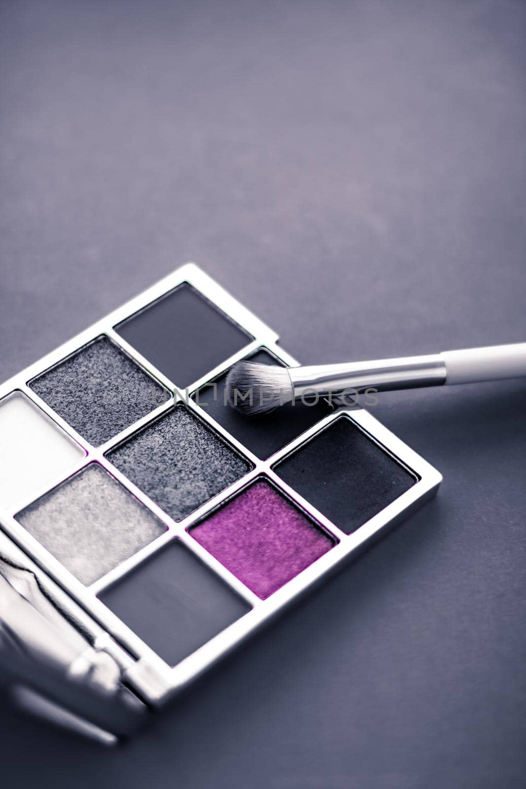 Eyeshadow palette and make-up brush on graphite background, eye shadows cosmetics product for luxury beauty brand promotion and holiday fashion blog design by Anneleven