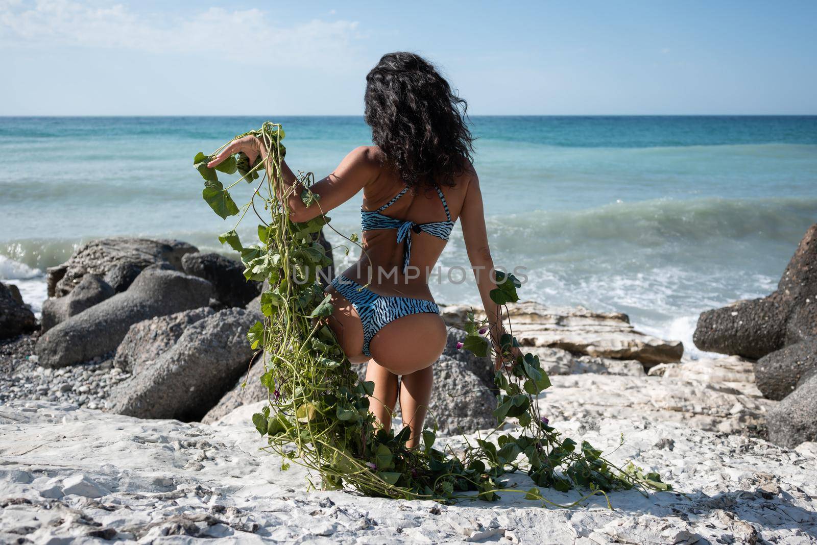 slender girl in a swimsuit on a rocky seashore surrounded by green plants is dancing sexually posing with her back by Rotozey