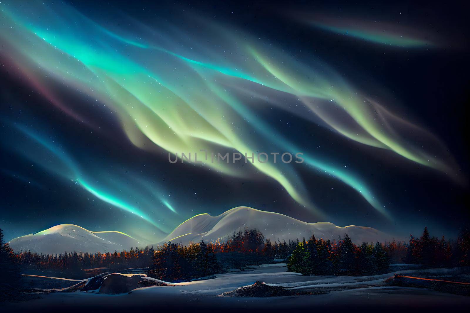 night terrestrial landscape with aurora northem lights in the sky, neural network generated art. Digitally generated image. Not based on any actual scene or pattern.