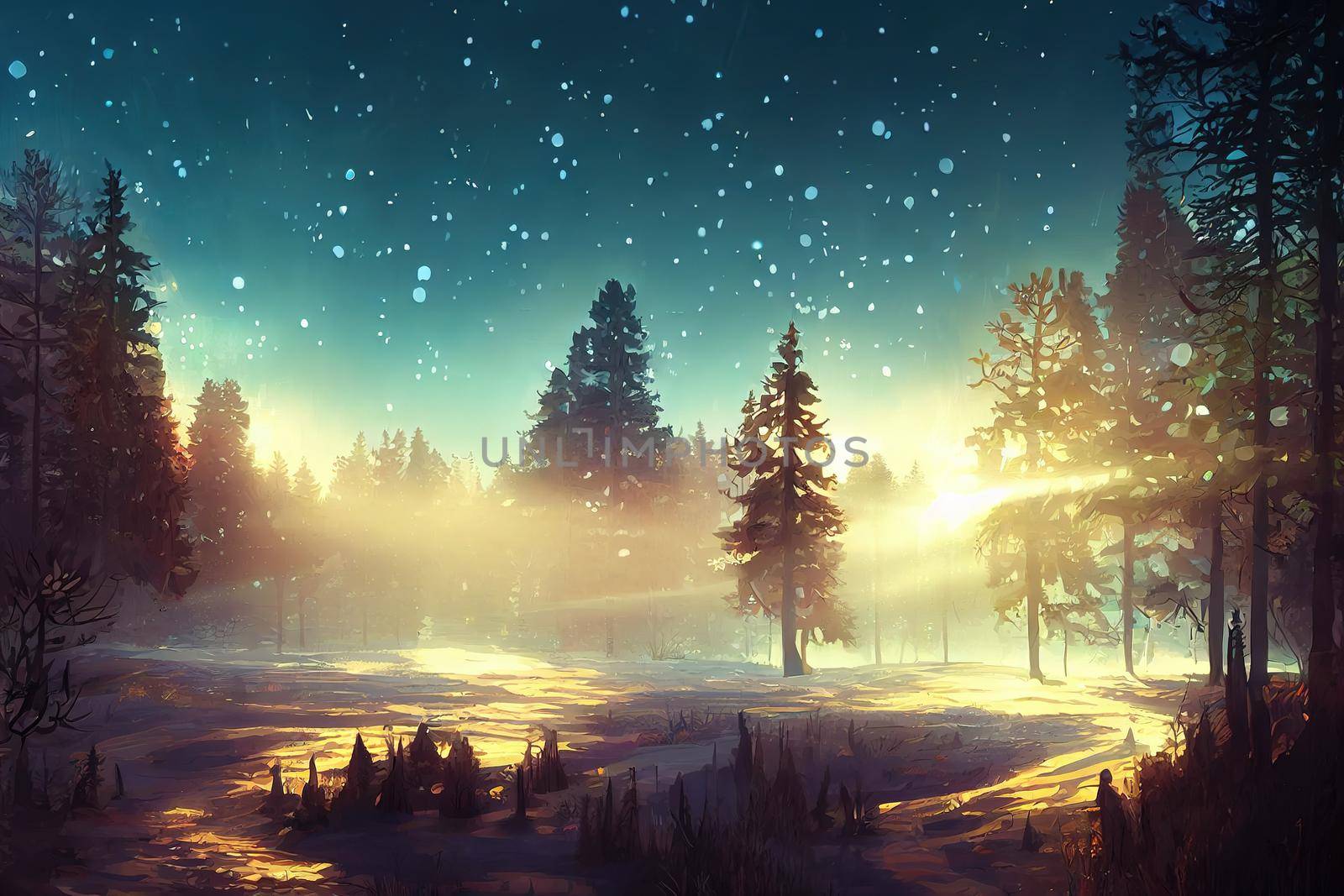 Sunrays in a forest on a hazy morning in winter, a fairy landscape. High quality 2d illustration