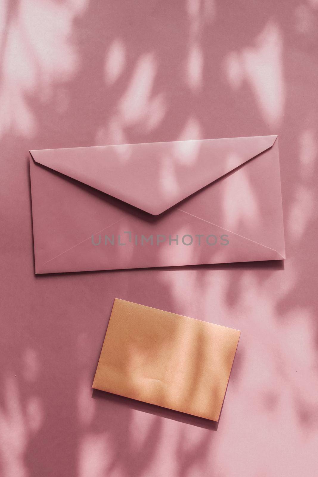 Beauty brand identity as flatlay mockup design, business card and letter for online luxury branding on pastel shadow background by Anneleven