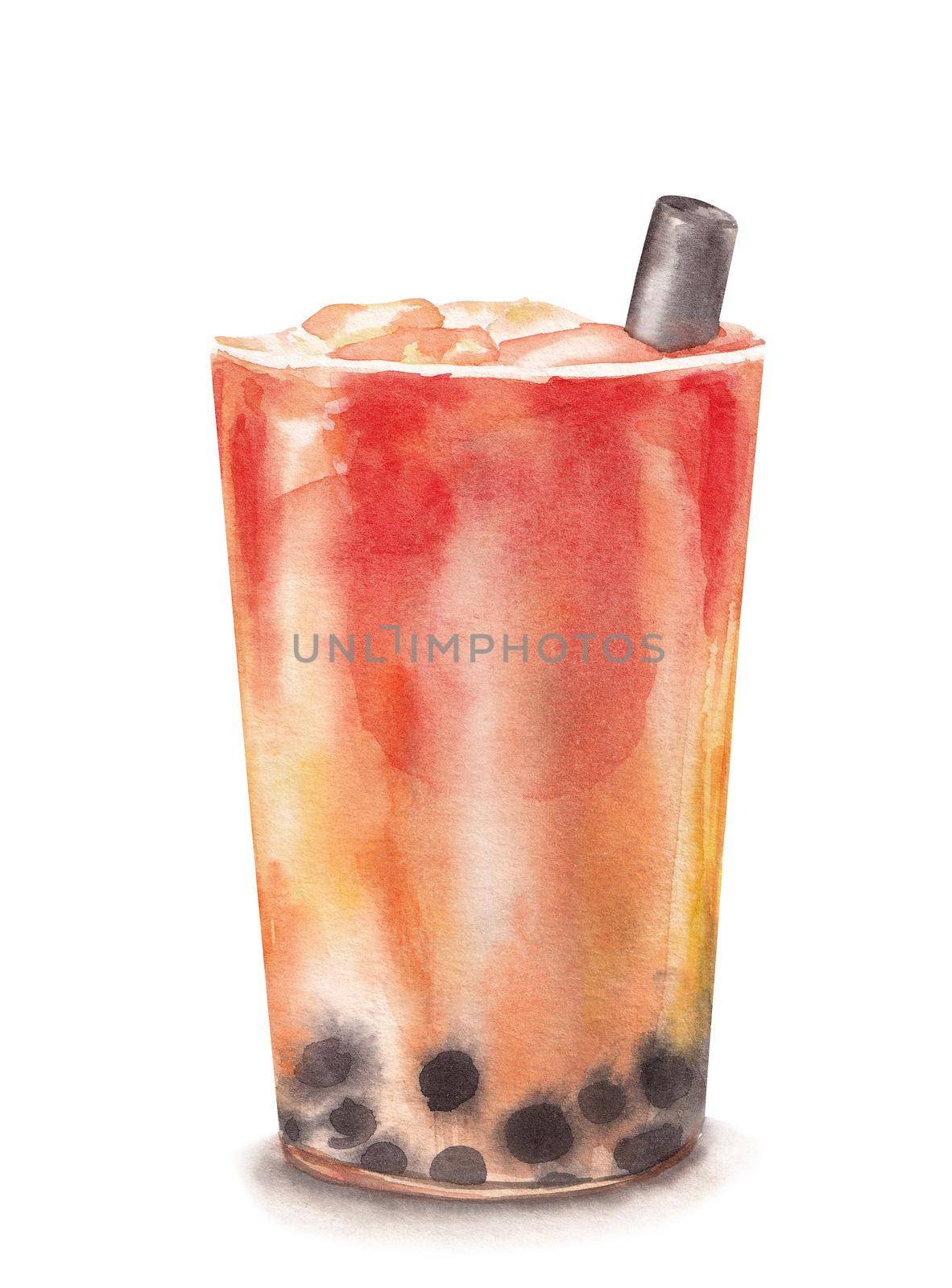 bubble tea drink with tapioca pearls, hand drawn watercolor illustration isolated on white