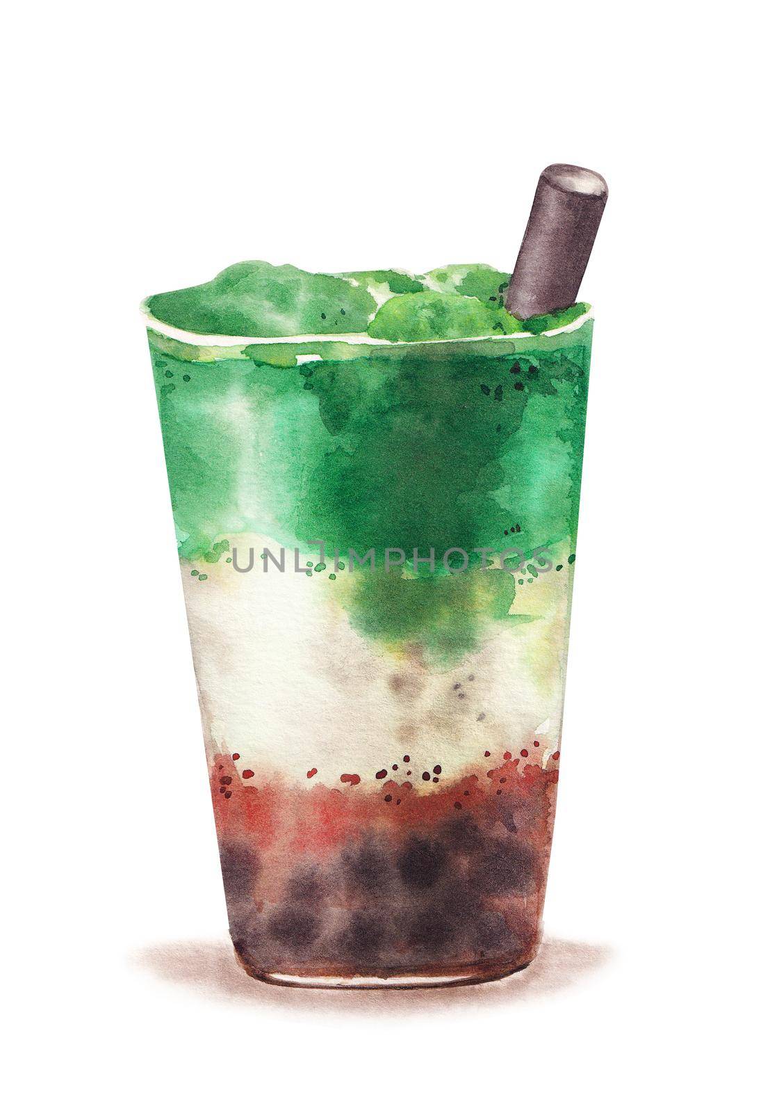 bubble tea drink with tapioca pearls, hand drawn watercolor illustration isolated on white
