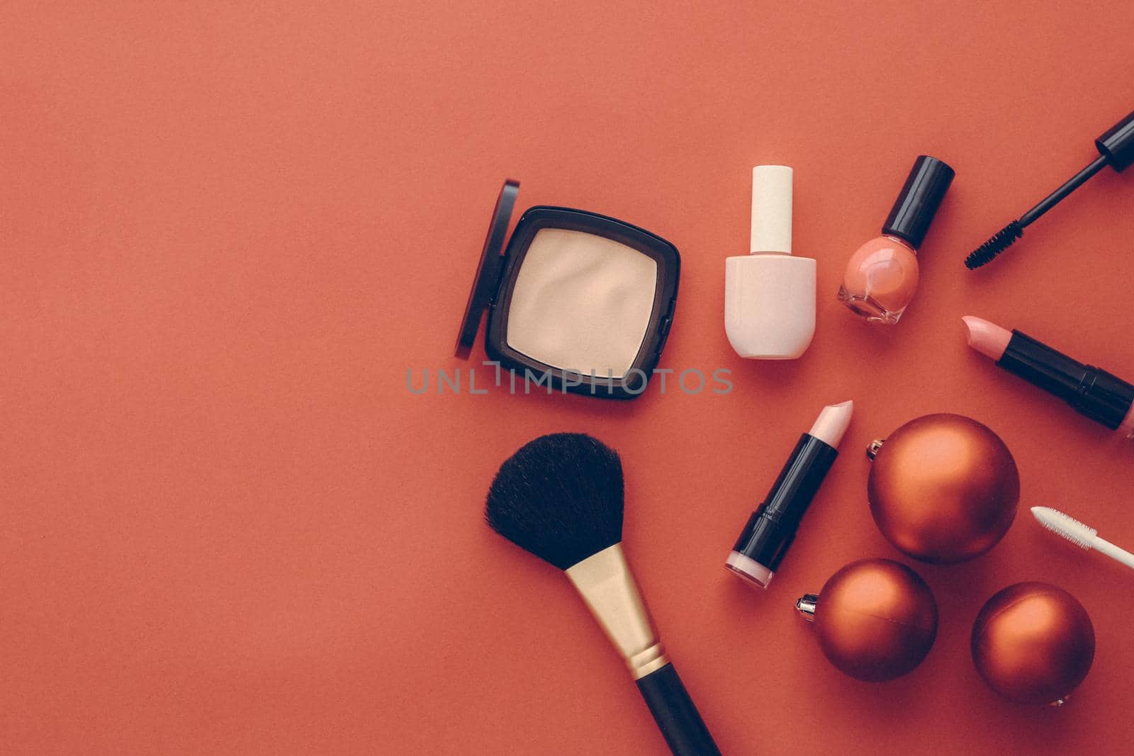 Cosmetic branding, fashion blog cover and girly glamour concept - Make-up and cosmetics product set for beauty brand Christmas sale promotion, vintage orange flatlay background as holiday design