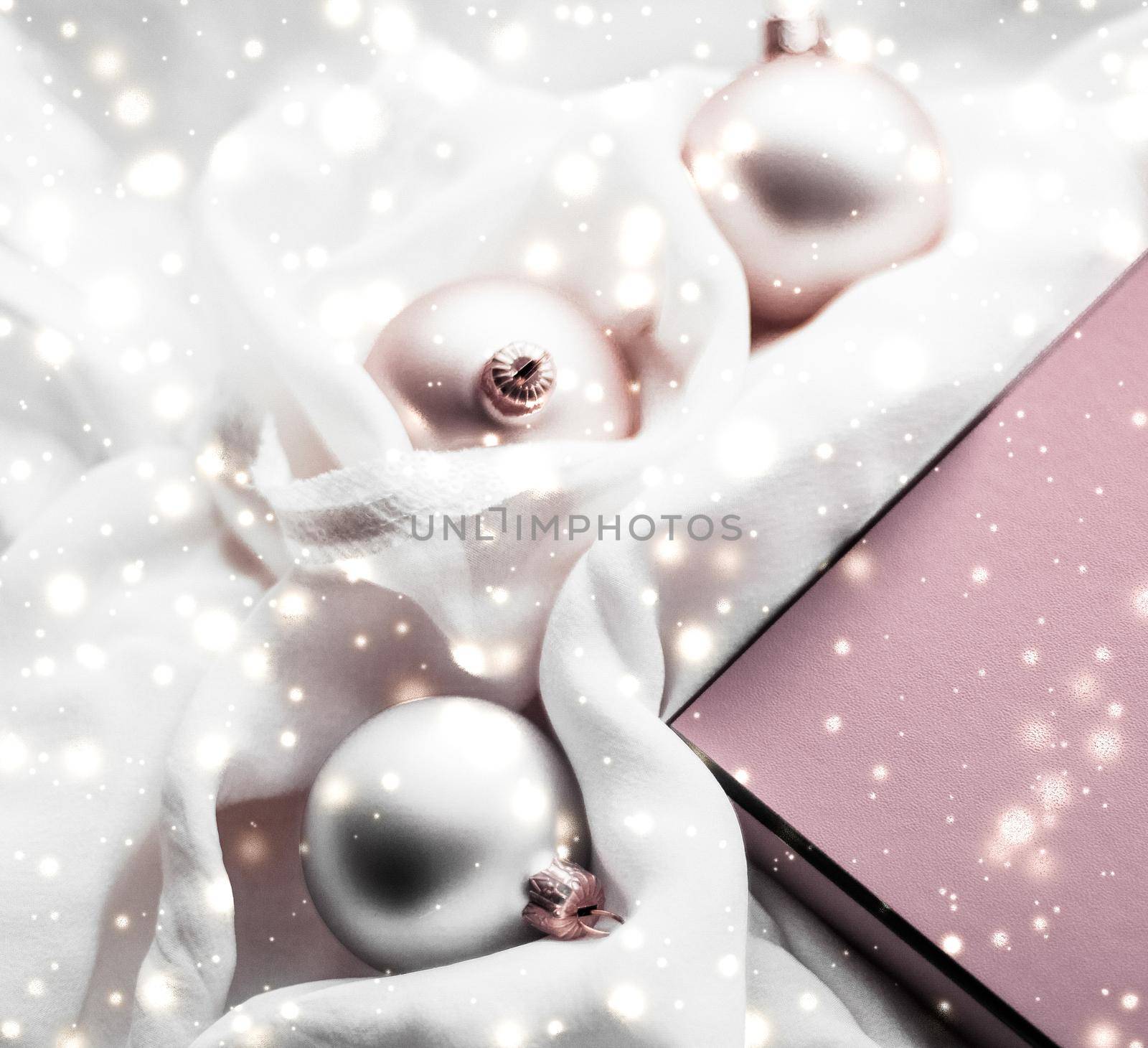 Christmas magic holiday background, festive baubles, blush pink vintage gift box and gold glitter as winter season present for luxury brand design by Anneleven