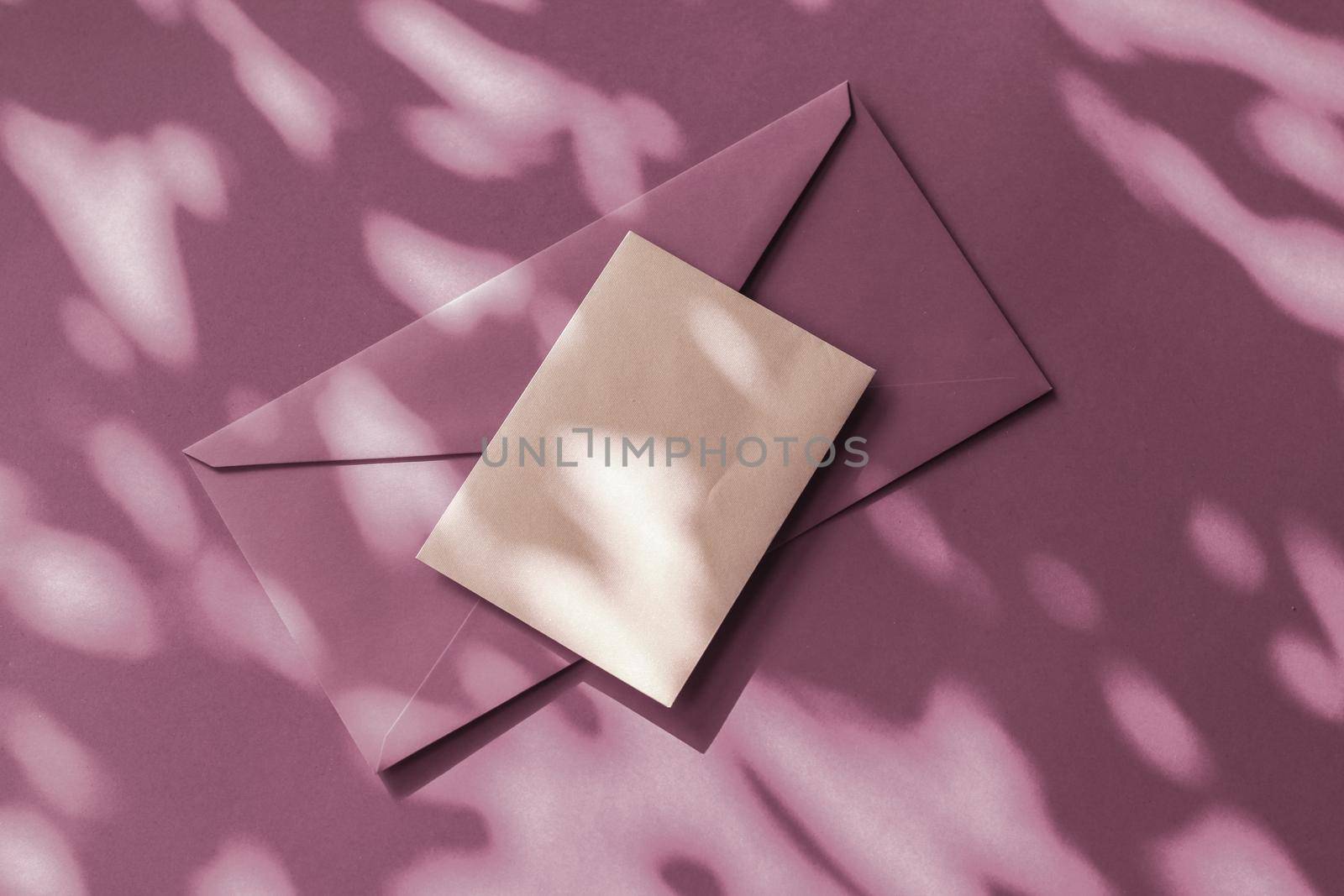 Holiday marketing, business kit and email newsletter concept - Beauty brand identity as flatlay mockup design, business card and letter for online luxury branding on purple shadow background