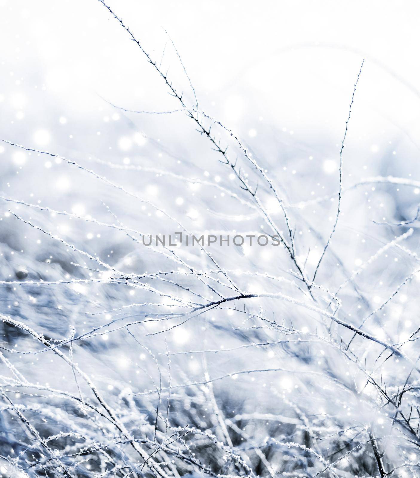 Snowing landscape, greeting card design and New Years Eve travel concept - Winter holiday background, nature scenery with shiny snow and cold weather in Christmas time