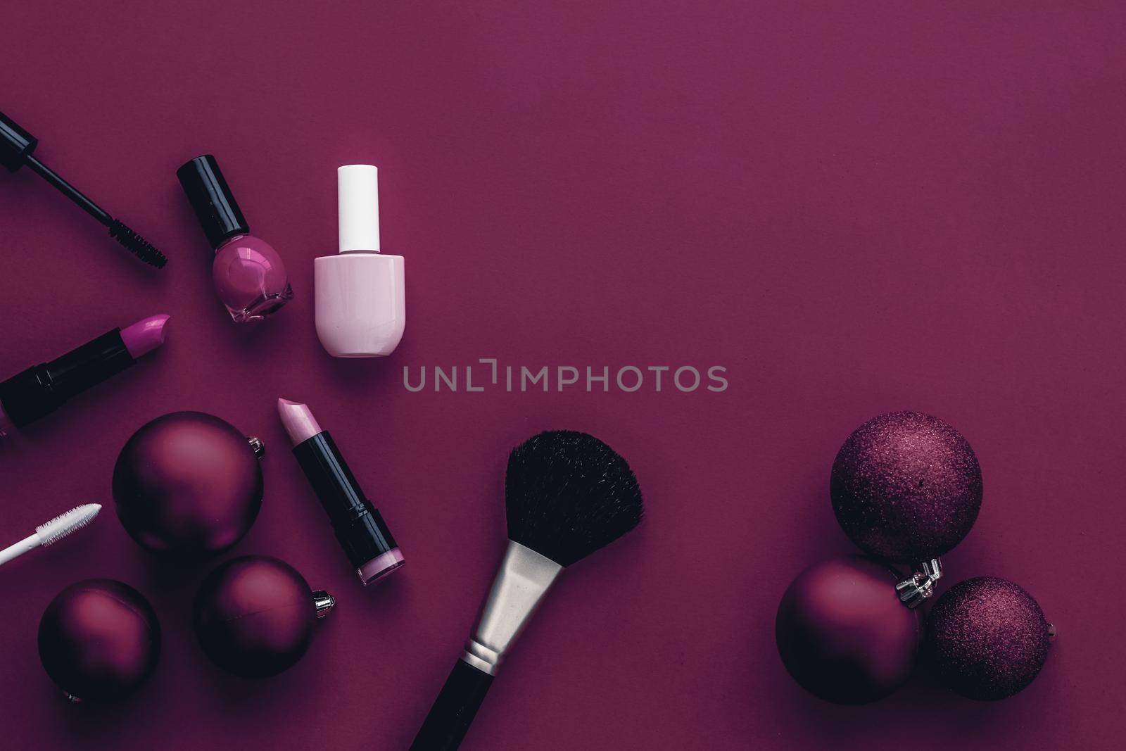 Make-up and cosmetics product set for beauty brand Christmas sale promotion, luxury magenta flatlay background as holiday design by Anneleven