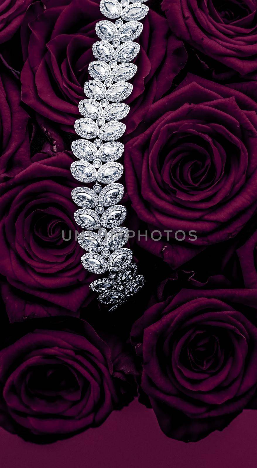 Luxury diamond jewelry bracelet and purple roses flowers, love gift on Valentines Day and jewellery brand holiday background design by Anneleven