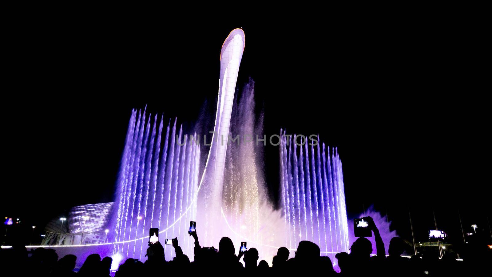 SOCHI, RUSSIA - JUNE, 05, 2021: The Waters of the Sochi Park, Water night show accompanied by classical music by Asnia