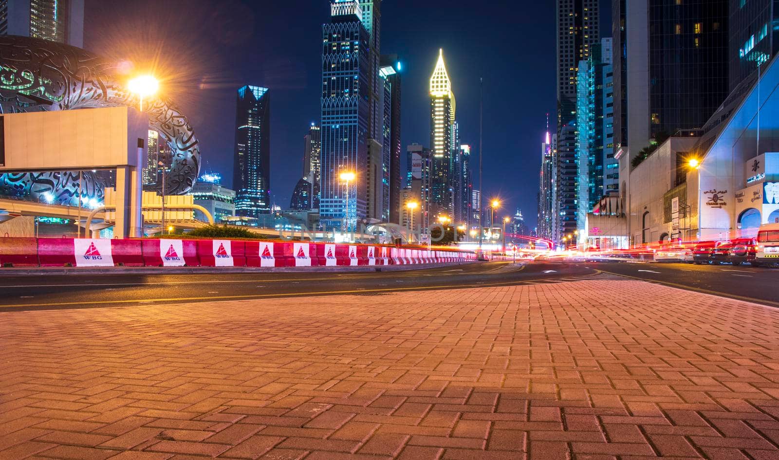 Main road of a United Arab Emirates, Shekh Zayed road. Shot taken in Dubai. Many of famous landmarks can be seen as well as metro station and Museum of future. Outdoors