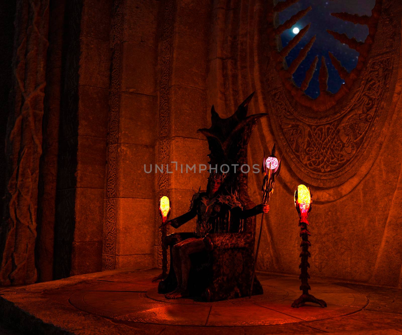 Vampire in a crypt sitting on a throne - 3d rendering