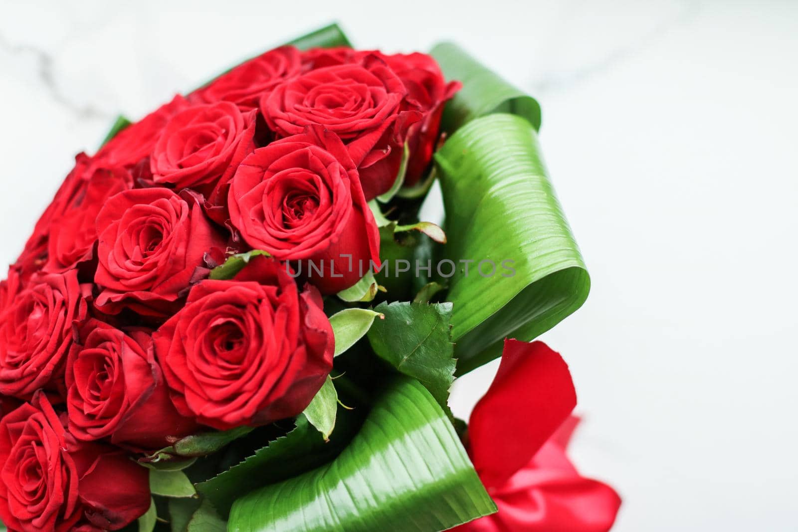 Holiday love present on Valentines Day, luxury bouquet of red roses by Anneleven