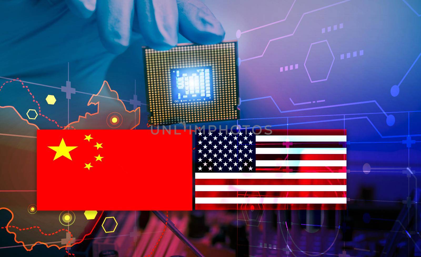 Chip shortage and US-China trade conflict. Global chip shortage crisis and China-United States trade war concept. China flag and US flag on china map and hand holding computer chip on background. by Fahroni