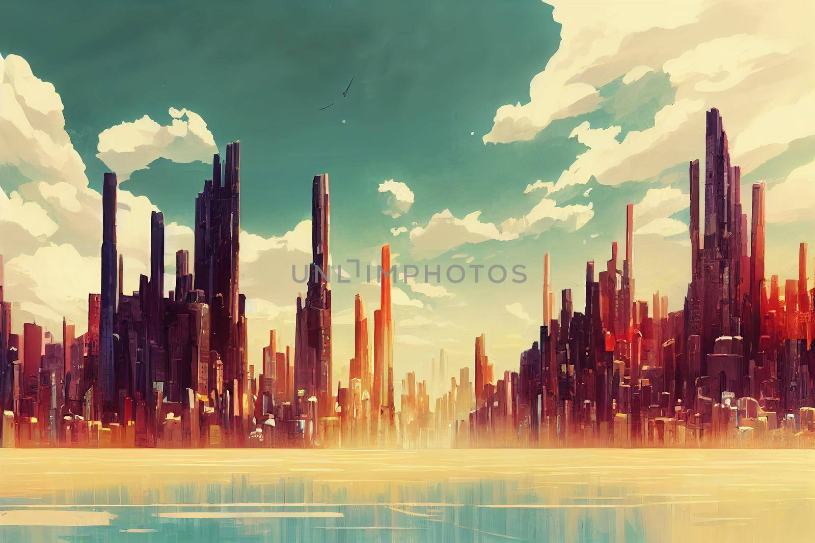 2d stylised painting like illustration of Capital City abstract city by 2ragon