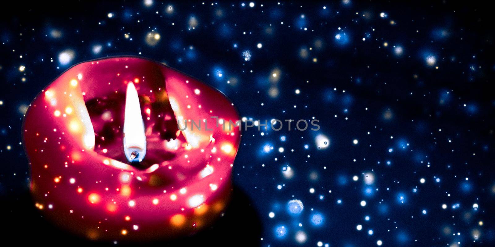 Happy holidays, greeting card and winter season concept - Red holiday candle on blue sparkling snowing background, luxury branding design for Christmas, New Years Eve and Valentines Day