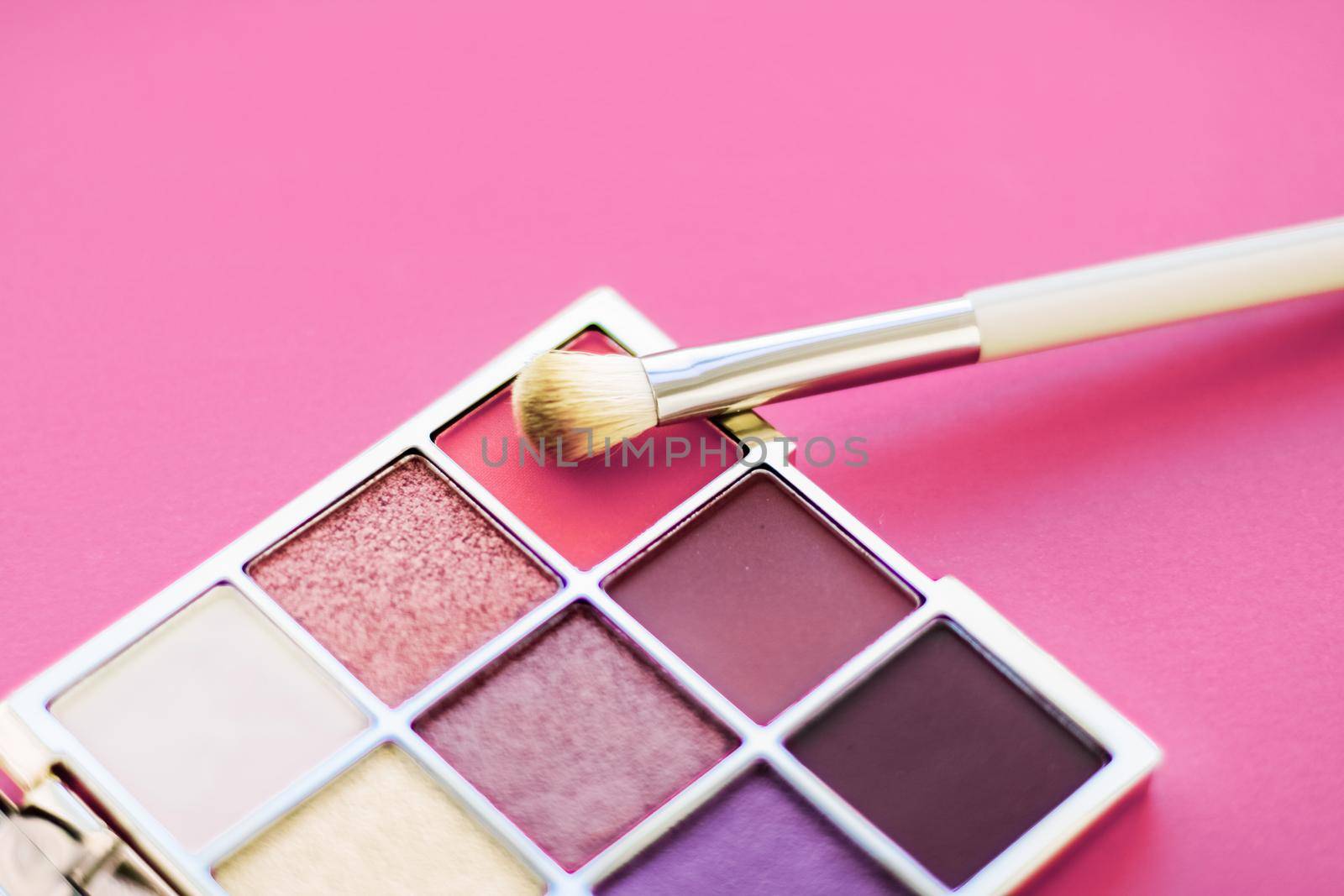 Eyeshadow palette and make-up brush on rose background, eye shadows cosmetics product for luxury beauty brand promotion and holiday fashion blog design by Anneleven