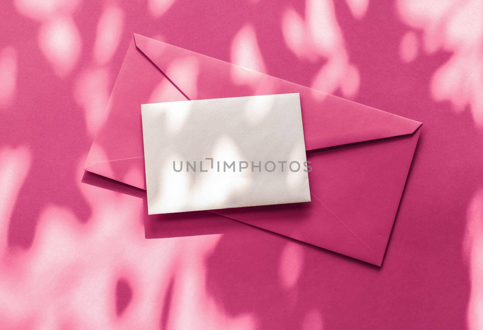 Holiday marketing, business kit and email newsletter concept - Beauty brand identity as flatlay mockup design, business card and letter for online luxury branding on pink shadow background