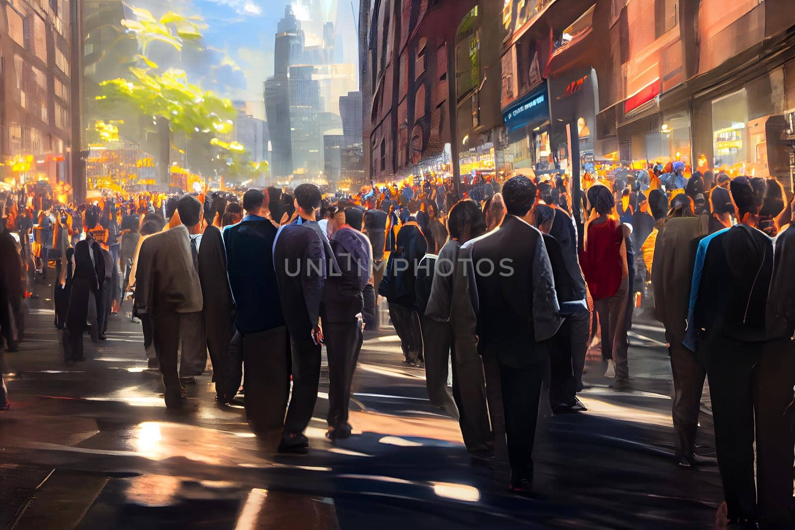 crowd of office suit wearing people walking to work at downtown street, neural network generated art. Digitally generated image. Not based on any actual scene or pattern.