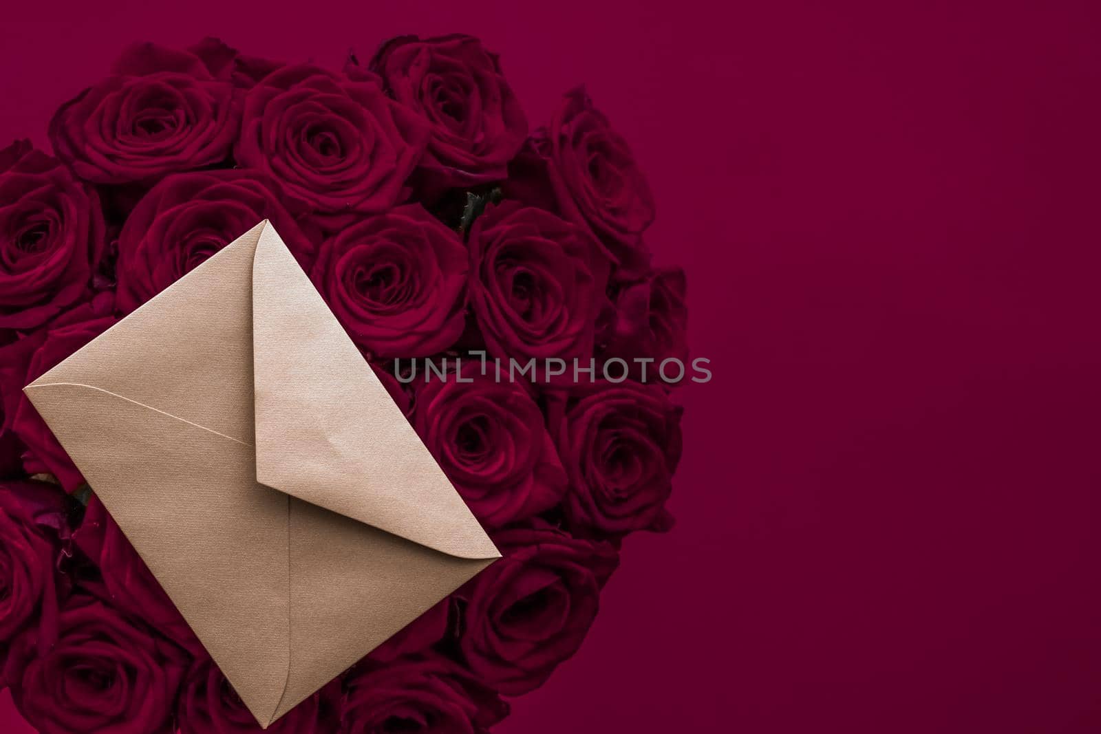 Love letter and flowers delivery on Valentines Day, luxury bouquet of roses and card on maroon background for romantic holiday design by Anneleven
