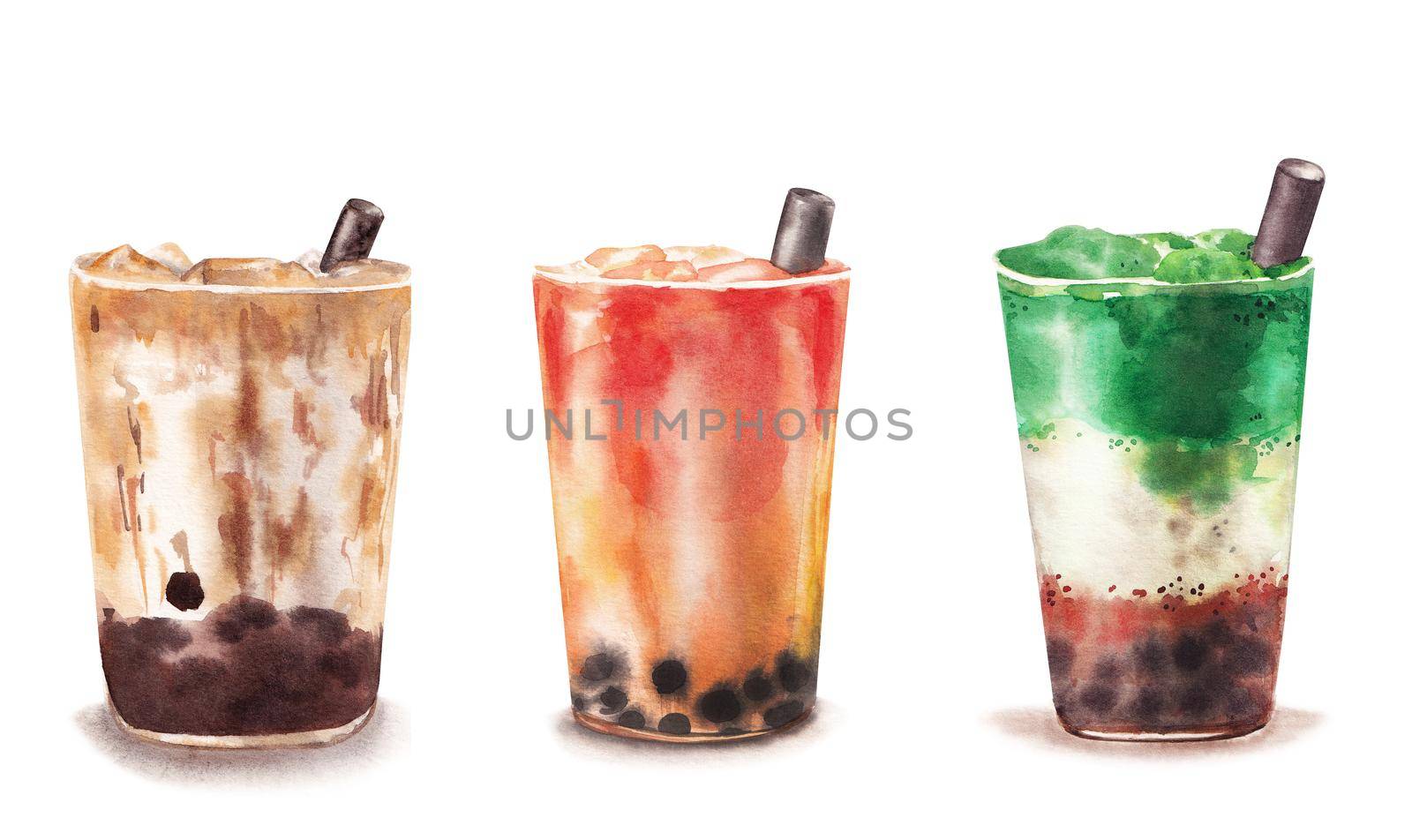 set of bubble tea drink with tapioca pearls, hand drawn watercolor illustration isolated on white