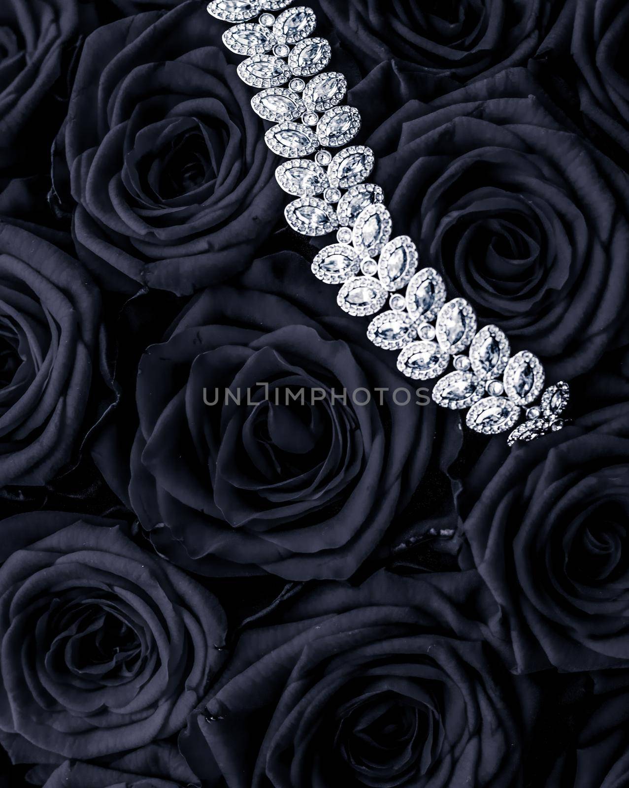 Luxe branding, glamour fashion and boutique shopping concept - Luxury diamond jewelry bracelet and black roses flowers, love gift on Valentines Day and jewellery brand holiday background design