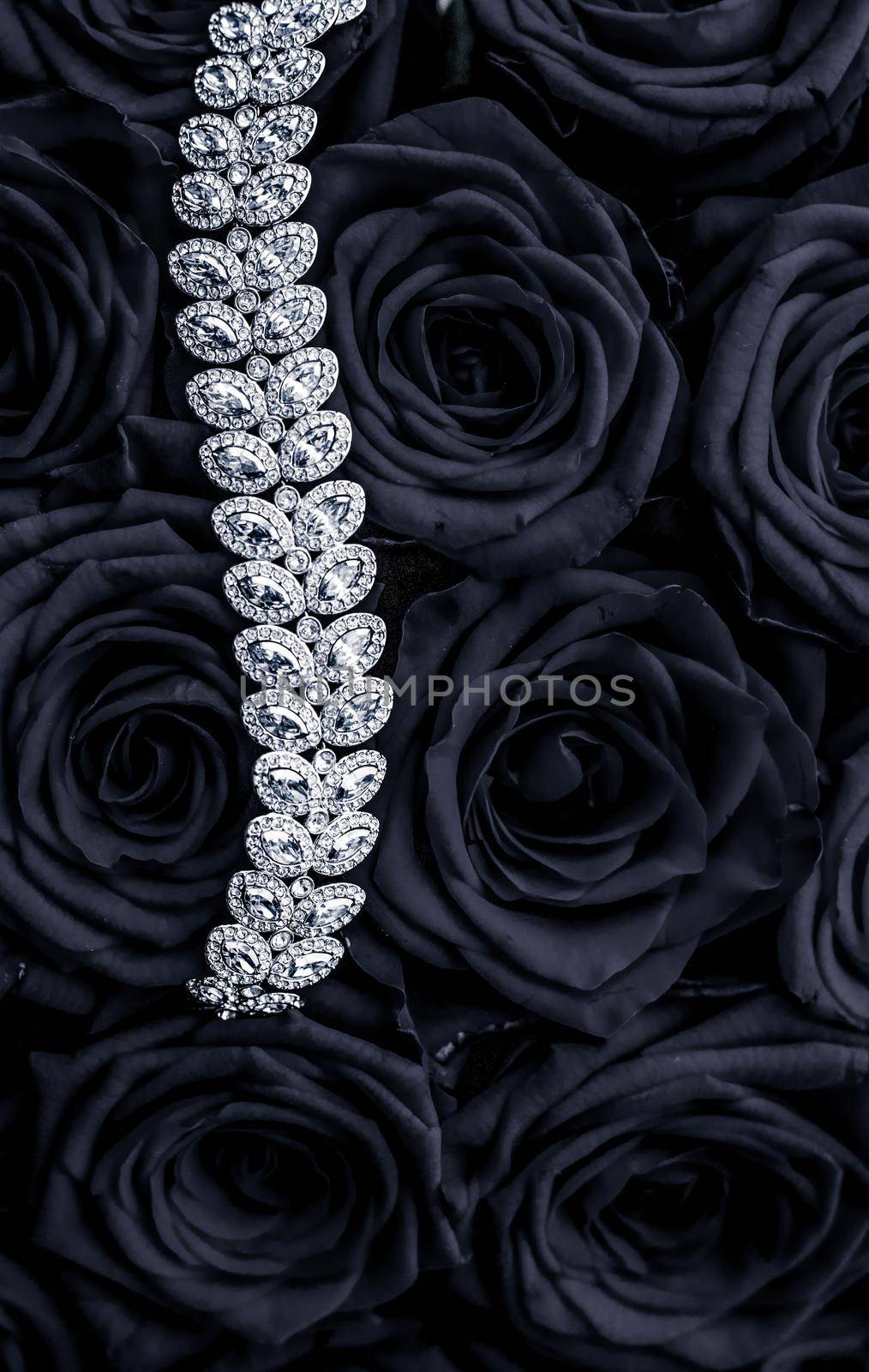Luxury diamond jewelry bracelet and black roses flowers, love gift on Valentines Day and jewellery brand holiday background design by Anneleven