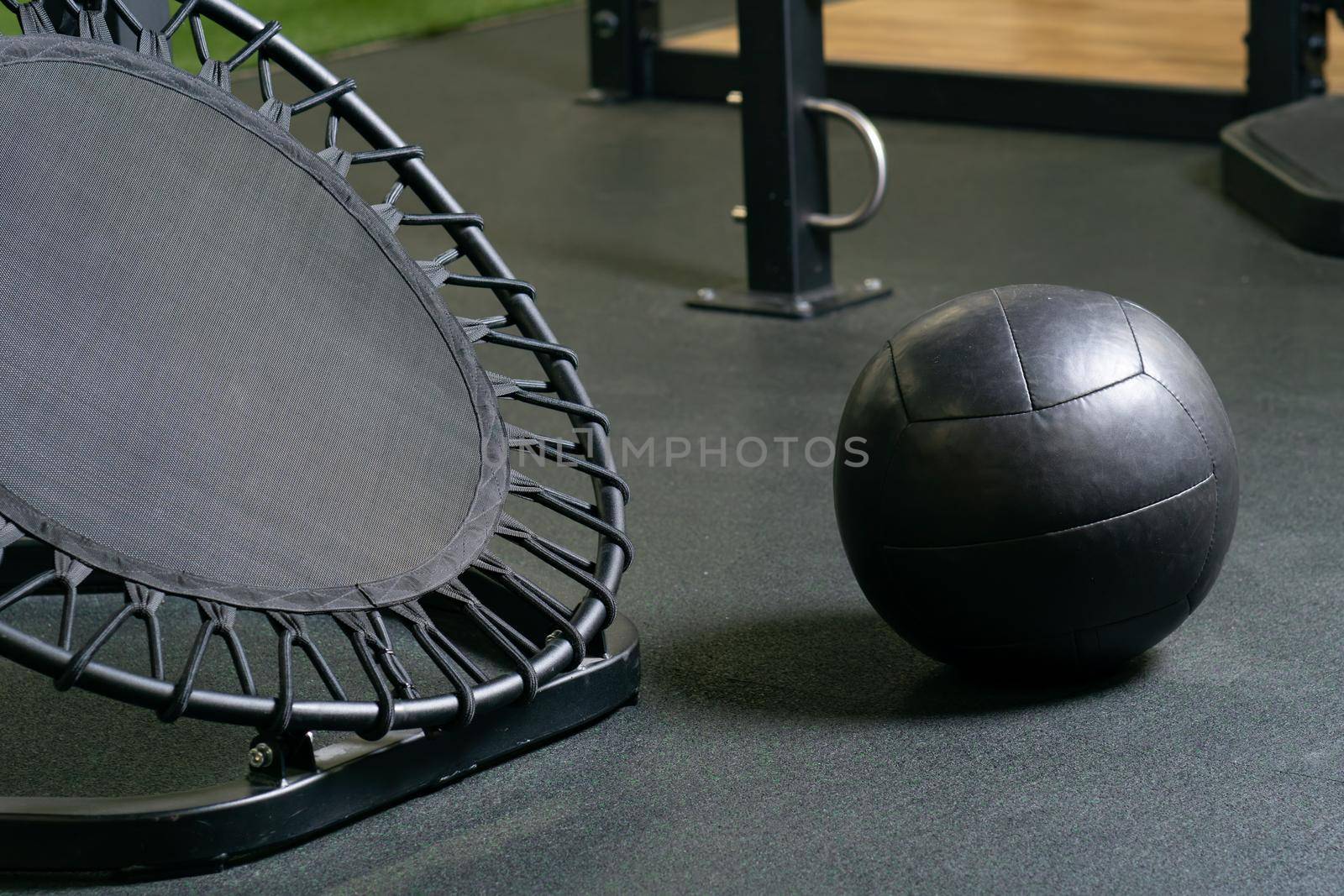 Sports trampoline patio backyard home concept wooden mace exercise, for ball workout in bounce and band medicine, morning indian. Lifestyle jumper play, playful by 89167702191