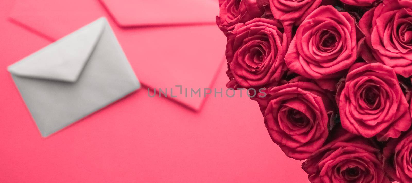 Love letter and flowers delivery on Valentines Day, luxury bouquet of roses and card on pink background for romantic holiday design by Anneleven