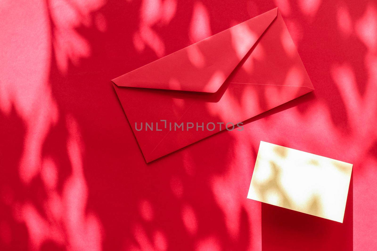 Beauty brand identity as flatlay mockup design, business card and letter for online luxury branding on red shadow background by Anneleven