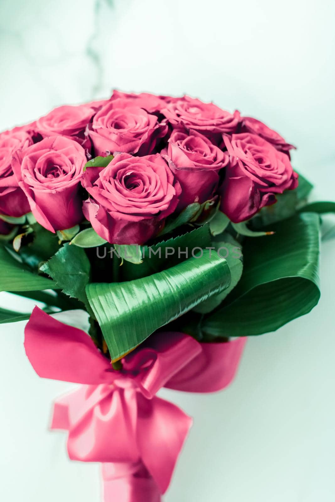 Luxury bouquet of pink roses on marble background, beautiful flowers as holiday love present on Valentines Day by Anneleven