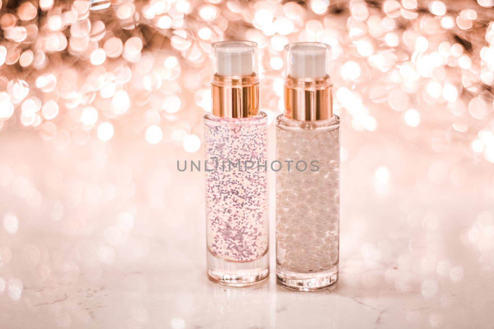 Holiday make-up base gel, serum emulsion, lotion bottle and rose gold glitter, luxury skin and body care cosmetics for beauty brand ads by Anneleven