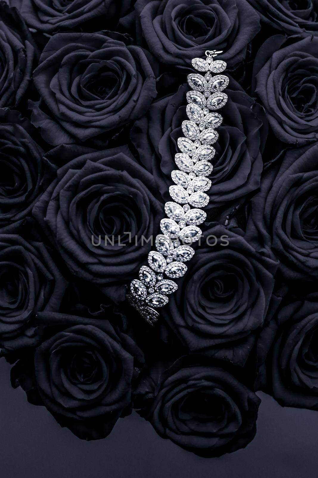 Luxury diamond jewelry bracelet and black roses flowers, love gift on Valentines Day and jewellery brand holiday background design by Anneleven