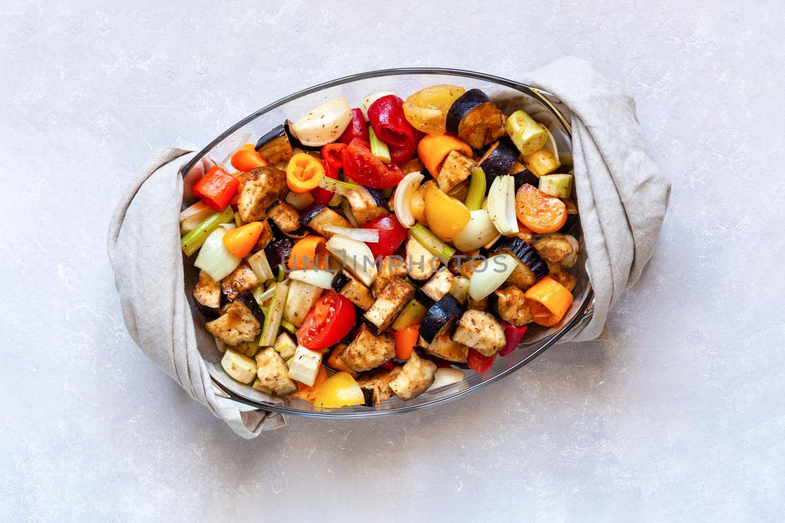 baking dish with vegetables ready to bake, top view