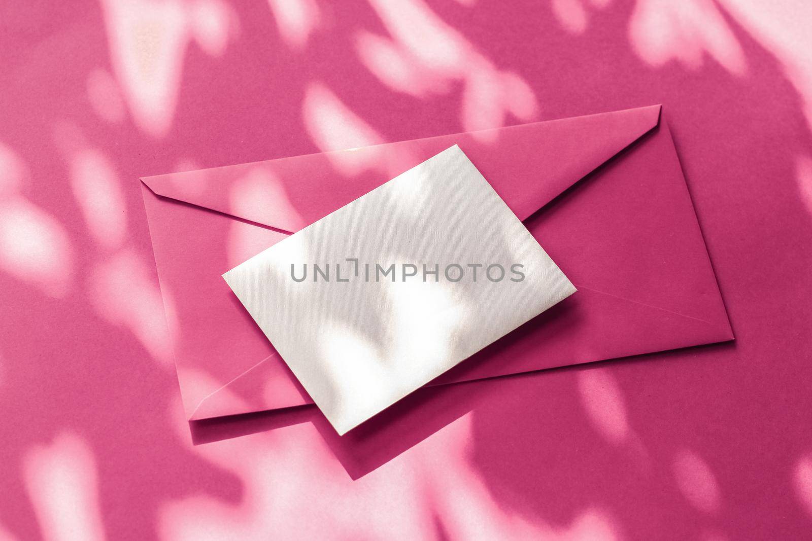 Beauty brand identity as flatlay mockup design, business card and letter for online luxury branding on pink shadow background by Anneleven